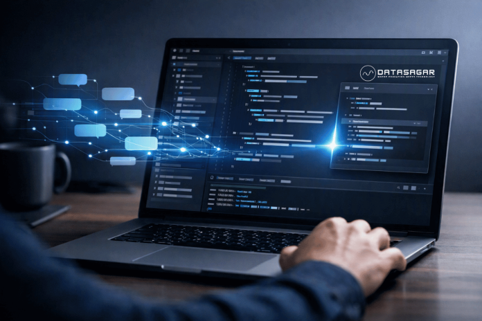 A modern developer working at a sleek laptop, interacting with an AI coding assistant on a dark-themed interface that visually connects human creativity with structured code.
